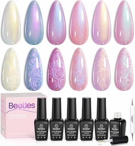 Beetles Pearl Gel Nail Polish, 6 Colors Shimmer Pearl White Pink Purple Mermaid Nail Drawing Gel Polish Soak Off Uv Gel Polish Swirl Shell Thread Effect DIY Manicure Gift for Women