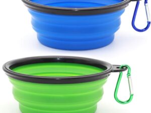 Dog Bowl Pet Collapsible Bowls, 2 Pack for Cats Dogs, Portable Pet Feeding Watering Dish for Walking Parking Traveling with 2 Carabiners (Small, Blue+Green)