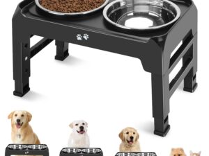 Elevated Dog Bowls, 4 Height Adjustable Raised Bowl Stand with 2 Thick 50oz Stainless Steel Food Bowls Non-Slip Feeder Adjusts to 3.7'', 9.2'', 10.75'', 12.36'' Black, (DB-W01)