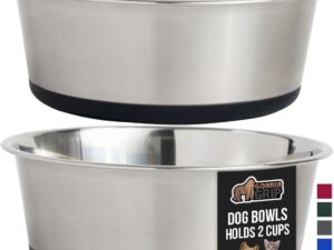 GORILLA GRIP Set of 2 Dog Bowls, Heavy Duty Metal Food and Water Bowl for Feeding Dogs and Cats, Dishwasher Safe, Rust Resistant Stainless Steel, BPA Free Rubber Base, Holds 2...