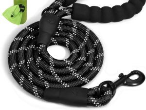 Taglory Rope Dog Leash 6 FT with Comfortable Padded Handle, Highly Reflective Threads Leash for Medium Large Dogs, 1/2 inch, Black